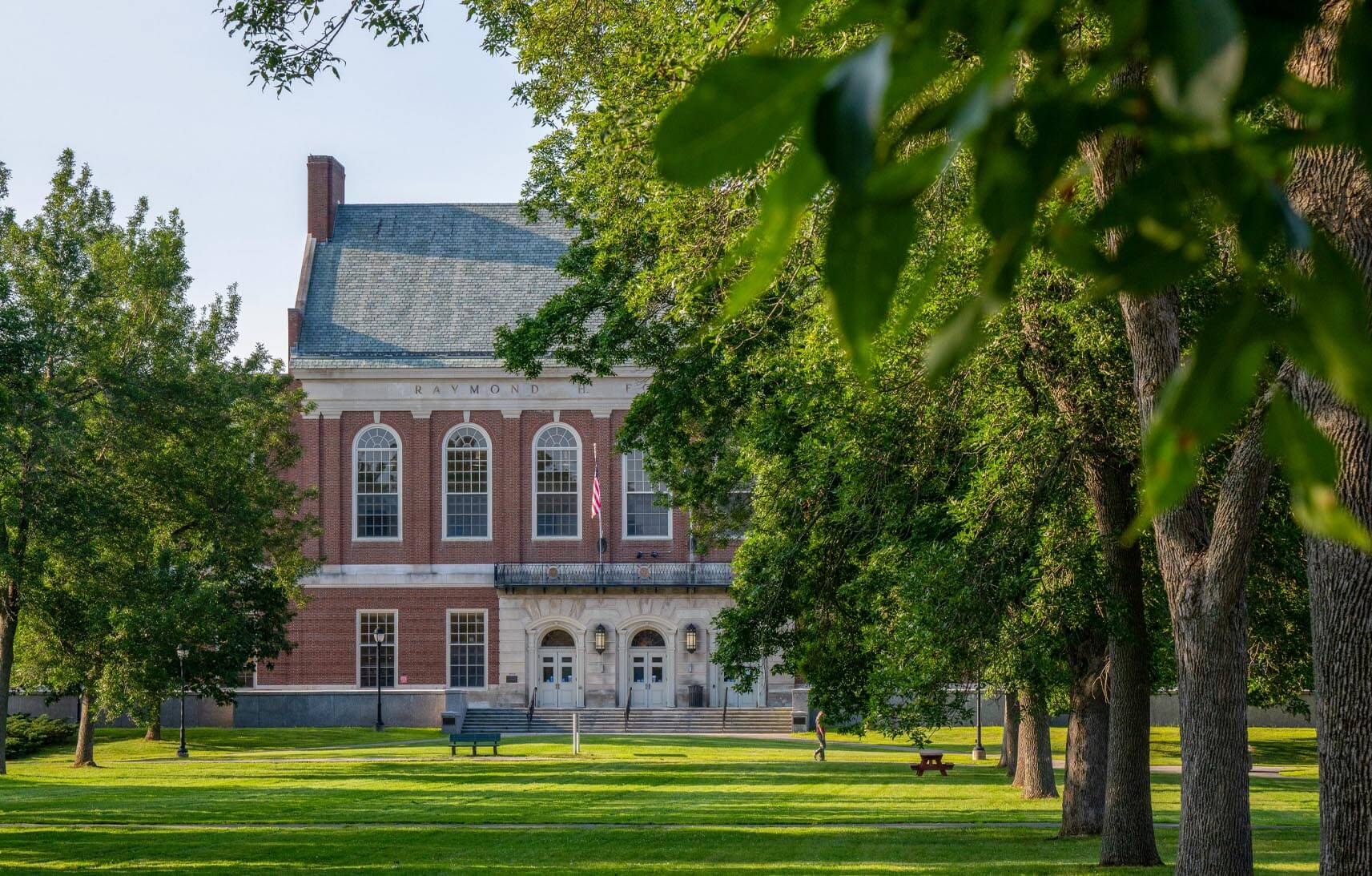A photo of Fogler Library in summer