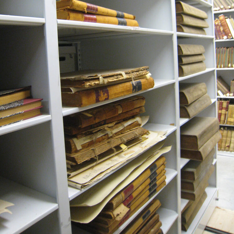 Shelf of large volumes from the 19th century.