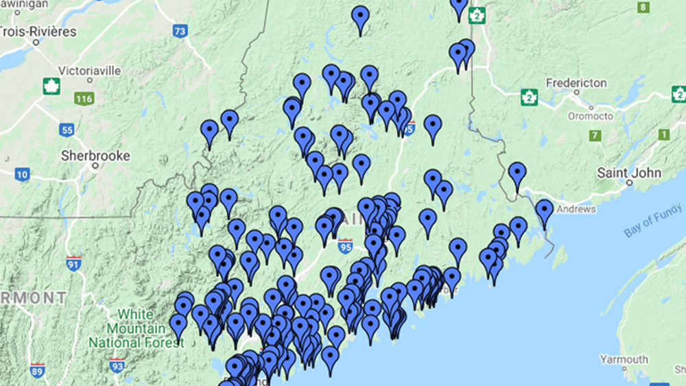 Map of Maine. Many unlabelled points of interest.