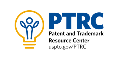 Logo for the Patent and Trademark Resource Center (PTRC), featuring a stylized person inside a lightbulb outline to the left of the text. The text reads: "PTRC — Patent and Trademark Resource Center — uspto.gov/PTRC".